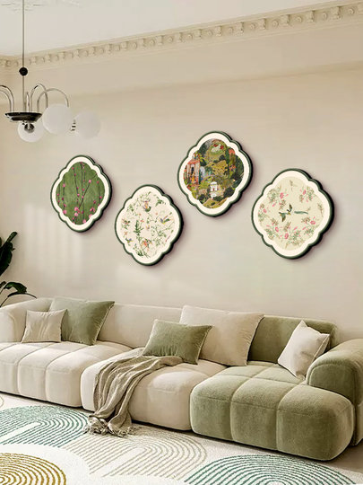 2025 new living room decoration painting creative shape four-part mural cream style floral sofa background wall hanging painting
