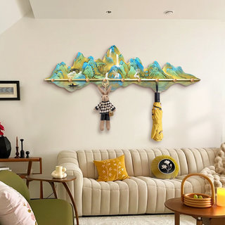 Wall-Mounted Coat Hook with a Landscape Painting Design, No-Drill Installation, New Chinese Style Wall-Mounted Clothes Rack, Coat Hook for Entryway