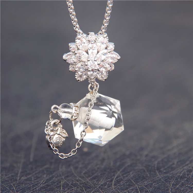 bling系列天然白水晶精油项链香水项链925银锆石吊坠送礼毛衣链