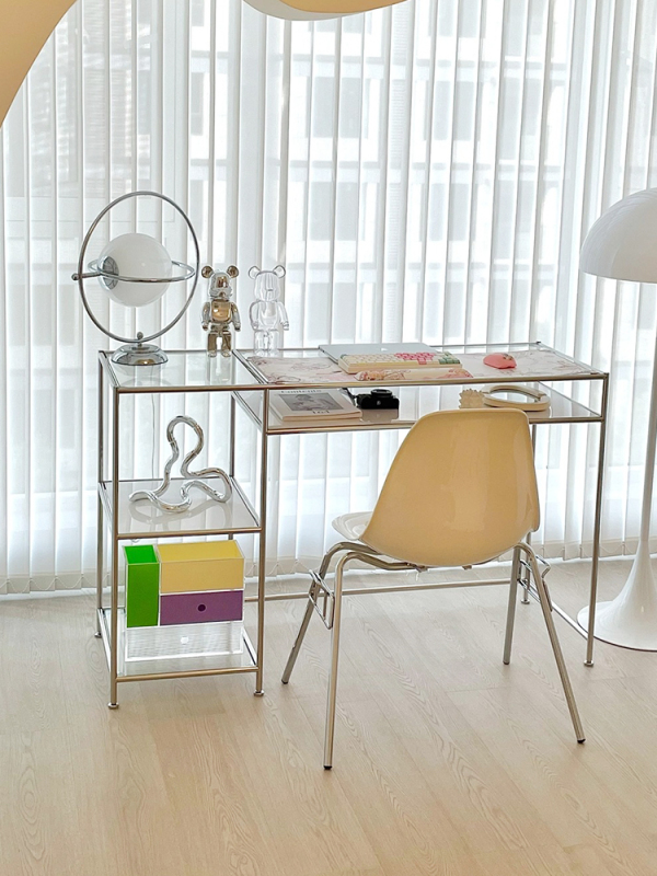 Medieval Stainless Steel Computer Table Simple Transparent Tempered Glass Writing Table Small Apartment Home Makeup Table Office Desk
