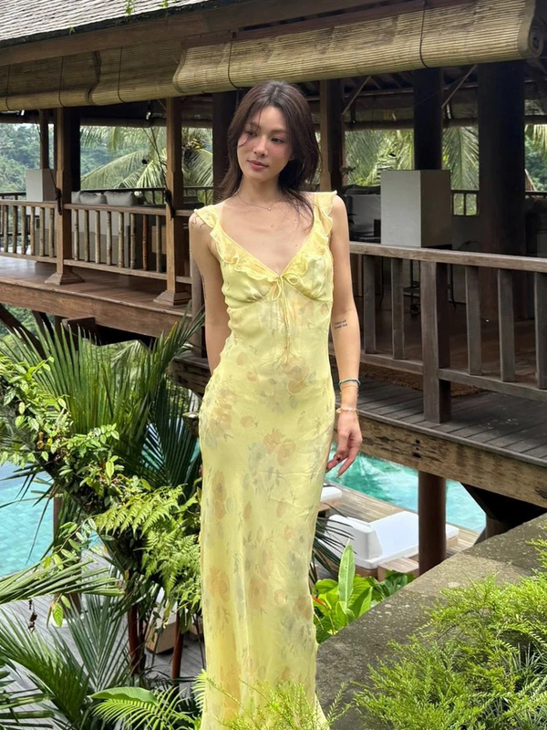 Rp Chick Yellow Goose Yellow Complexion-Enhancing French Ruffle Long Dress Women's Slim-Fit Bias-Cut Floral Dress Vacation Dress