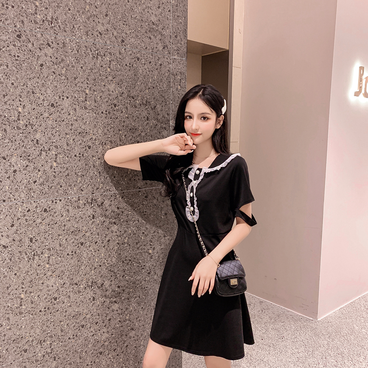 VK旗艦店 韓系高腰氣質顯瘦復古木耳邊娃娃領短袖洋裝