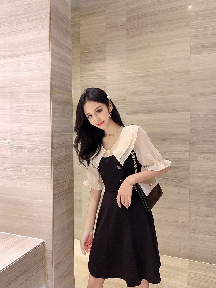VK旗艦店 韓系收腰雙層娃娃領刺繡雪紡拼接短袖洋裝