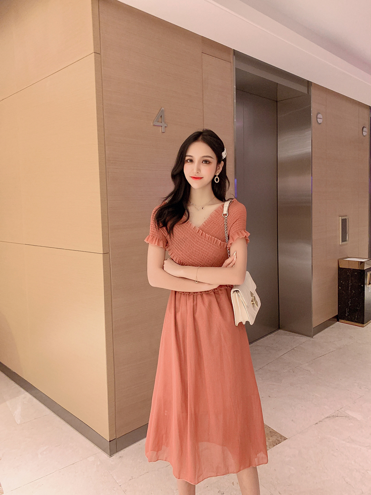 VK旗艦店 韓系復古V領收腰顯瘦紅色格子短袖洋裝