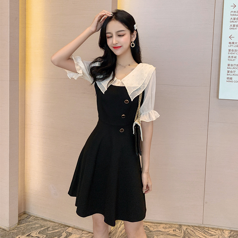 VK旗艦店 韓系收腰雙層娃娃領刺繡雪紡拼接短袖洋裝