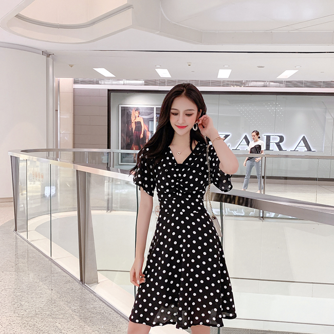 VK旗艦店 韓系復古波點抽褶系帶顯瘦氣質雪紡短袖洋裝