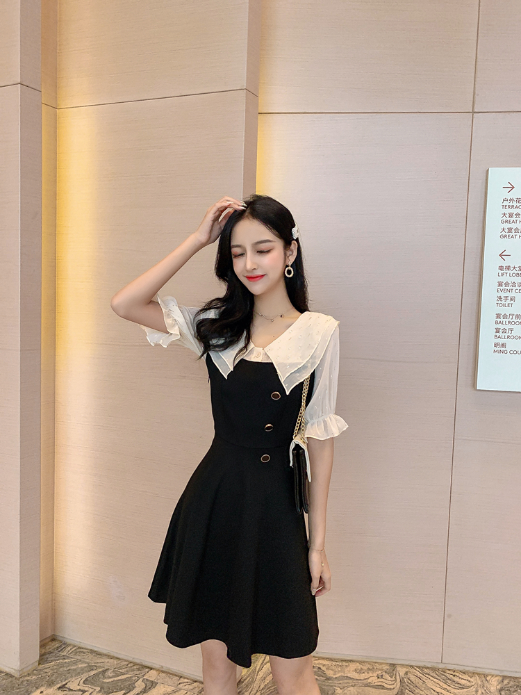 VK旗艦店 韓系收腰雙層娃娃領刺繡雪紡拼接短袖洋裝