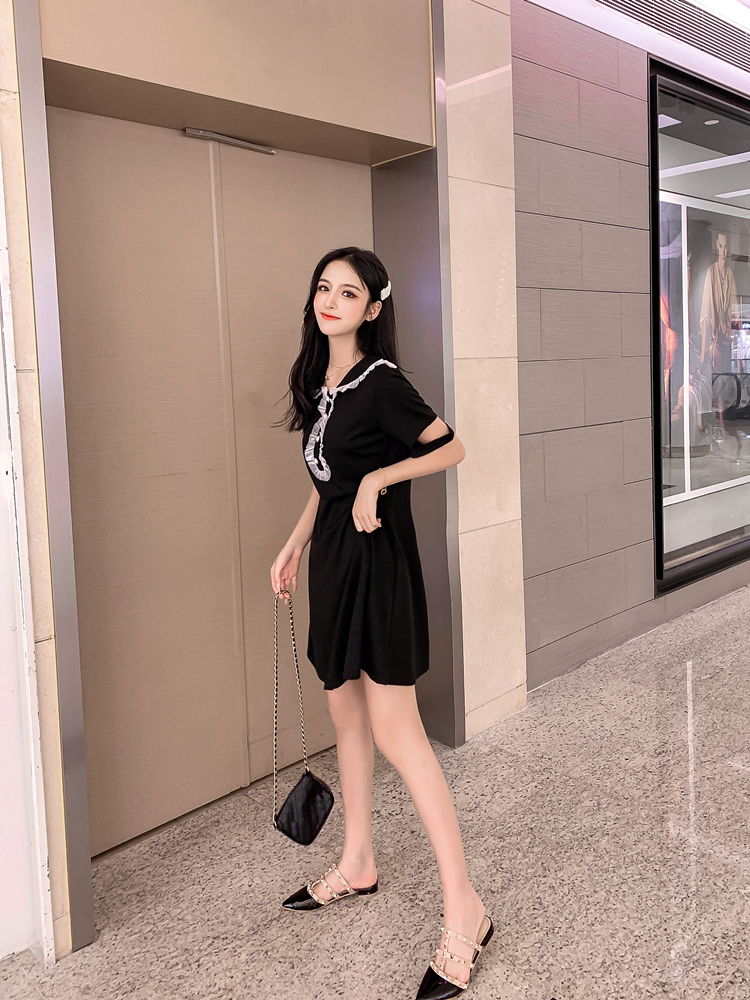 VK旗艦店 韓系高腰氣質顯瘦復古木耳邊娃娃領短袖洋裝