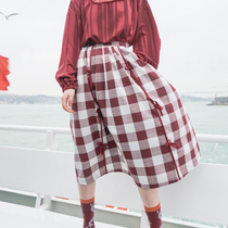 (Dusang) 13plus Wandering Republic homemade wine red plaid lace-up skirt high waist skirt French