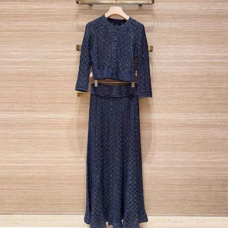 High-End European-Style Heavy-Duty Shiny Silk French Fashion Round-Neck Short Knit Top Cardigan and Midi Skirt Set