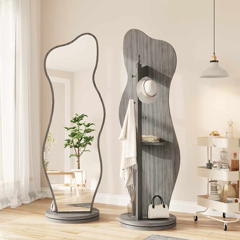 Profiled rotating full body mirror Home wearing clothing mirror clothes hat rack with mirror living room hanging clothes hanger integrated moving floor mirror-Taobao