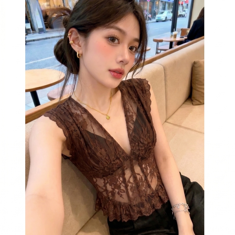 French-Style Pure Desire Deep Brown V-Neck Lace Sleeveless Top for Women, Waist-Cinching Slimming Ruffled Blouse for Women
