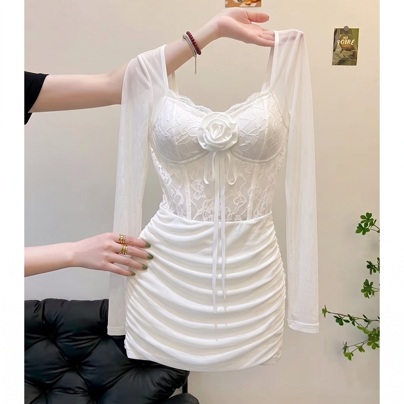 Pure Desire Style Three-Dimensional Rose Lace Mesh Patchwork Dress for Women, Autumn Waist-Cinching Pleated Elegant Bodycon Mini Skirt