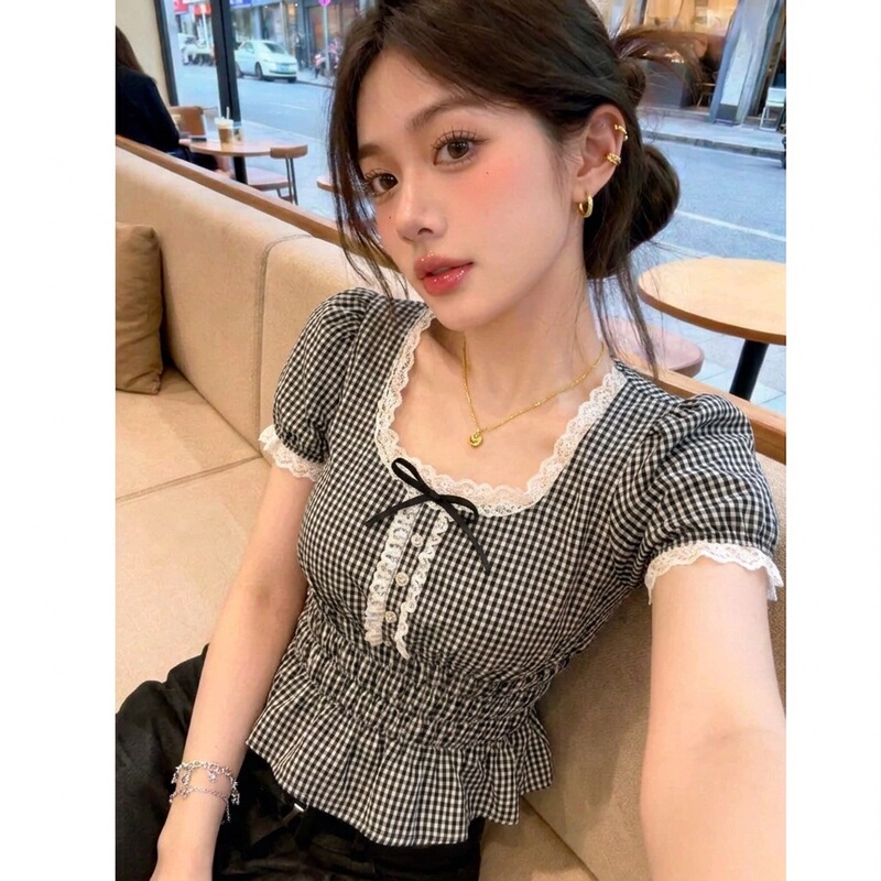 French-Style Light Luxury Plaid Puff Sleeve Shirt for Women, New Summer Model, Pure Desire Style, Square Collar, Lace, Waist-Cinching, Slimming Short-Sleeve Top