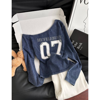 American-Style Spicy Girl Off-Shoulder Long-Sleeve T-Shirt for Women, New Retro Sexy Niche Design, Slimming, Fashionable and Versatile Top