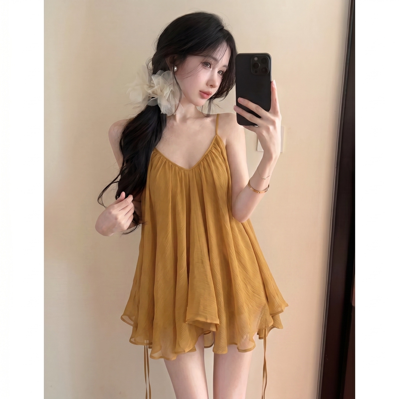 Pure Desire Style Ginger Yellow V-Neck Sleeveless Strap Dress for Women, Summer Loose Slimming Chiffon Short Babydoll A-Line Dress