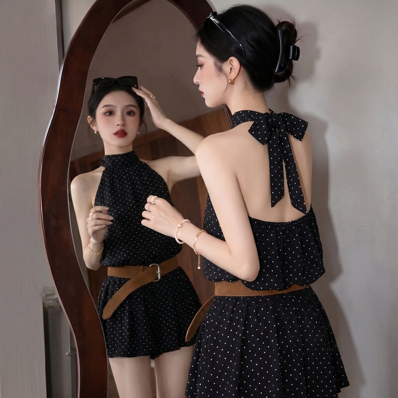 French Retro Polka Dot Halter Neck Suit Skirt for Women, New Summer Style, Backless Bow Tie, Waist Slimming, Sexy Two-Piece Set