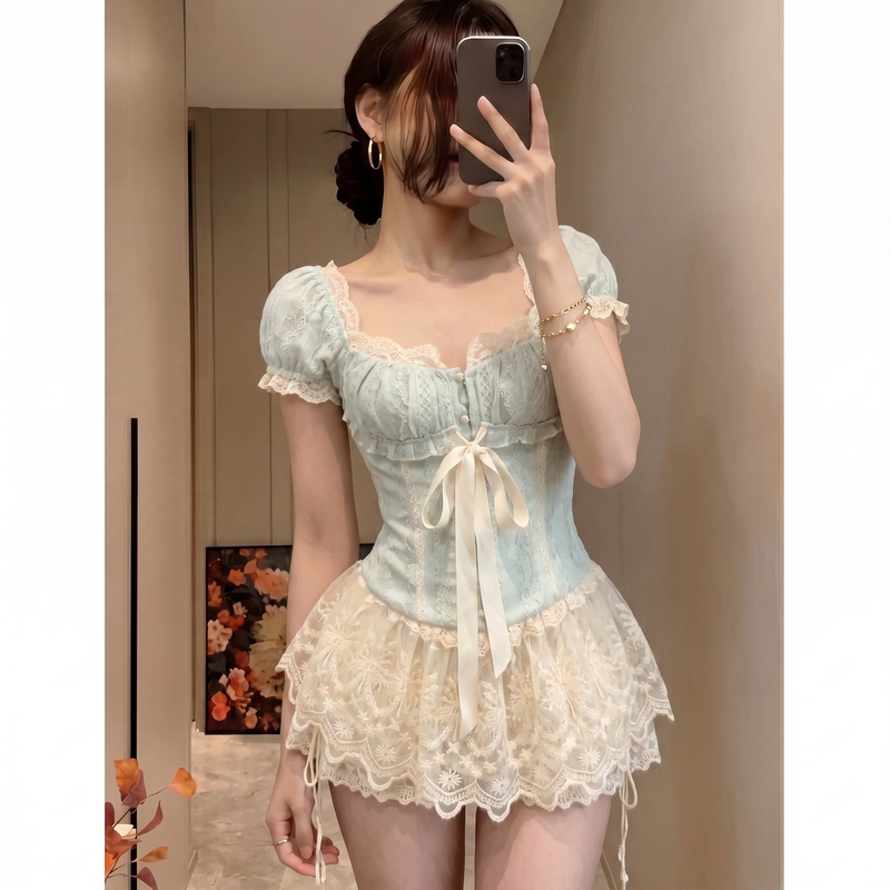 Pure Desire Light Blue Lace Puff Sleeve Top + Mesh Short Skirt Set V-Neck Waist-Cinching Bow Two-Piece Set H