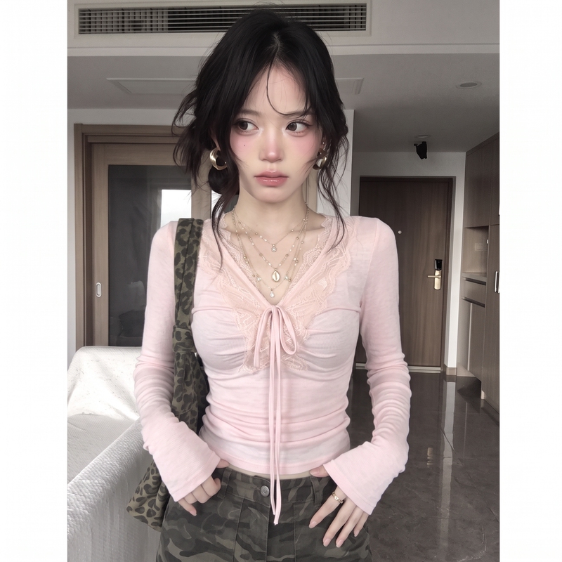 Pure Desire Hot Girl Lace Trim Bow Tie Long Sleeve T-Shirt Women's Autumn and Winter Base Shirt Gentle Style Slim Fit Top Z