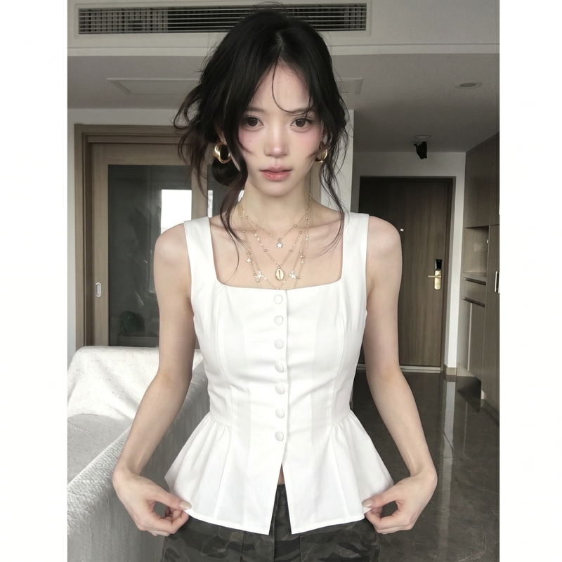 French-Style Square-Neck Waist-Cinching Flared Tank Top for Women, New Summer Design with Single-Breasted Buttons, Slimming and Versatile Short Sleeveless Top
