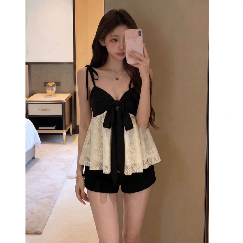French-Style Pure and Alluring Bow-Tie Camisole for Women, 2026 Summer New Lace Patchwork Waist-Cinching Outerwear Top, Trendy French-Style Pure and Alluring Bow-Tie Camisole for Women, 2026 Summer New Lace Patchwork Waist-Cinching Outerwear Top, Trendy