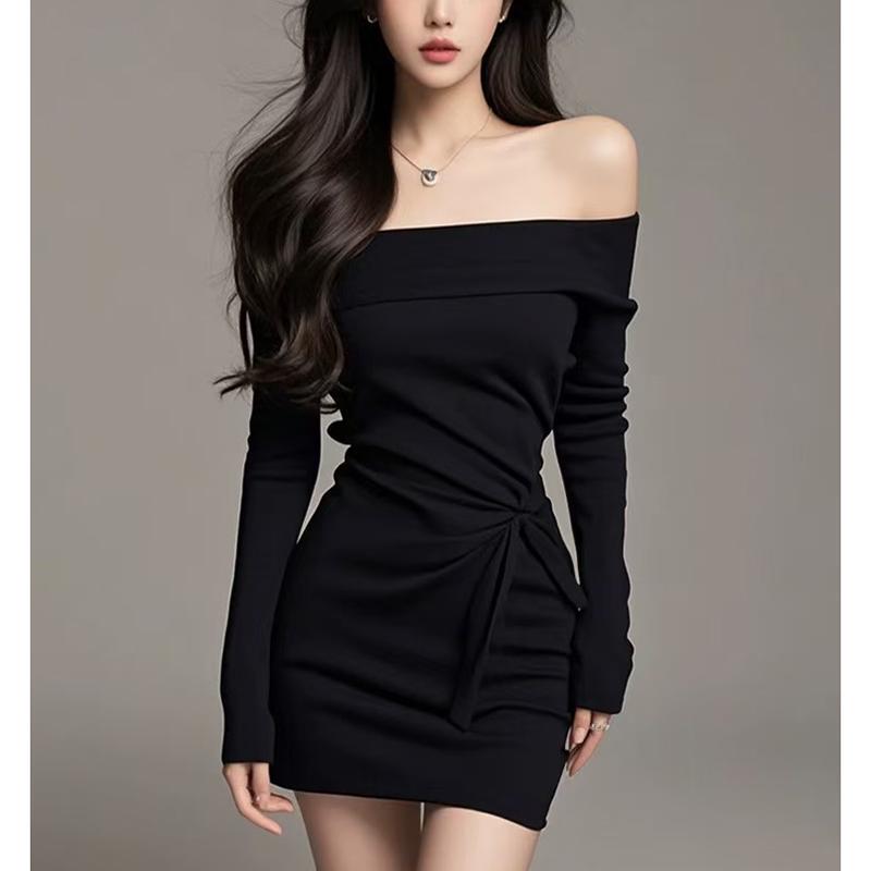 2025 Autumn/Winter New Hot Girl Style Black Long Sleeve Dress Niche Slim Fit Sexy Bodycon Dress