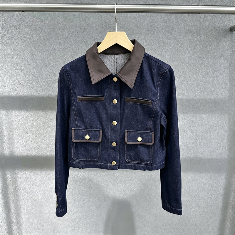 Same Style Jacket as in the Mall for Women, Summer and Autumn 2026 New Denim Retro Button-Up Lapel Color-Blocked Denim Top, Barn Style