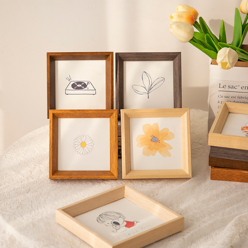 Oil Pastel Solid Wood Picture Frame for Tabletop or Wall Hanging, Square Artwork Preservation Frame, Nordic Style Mini Frame for Children