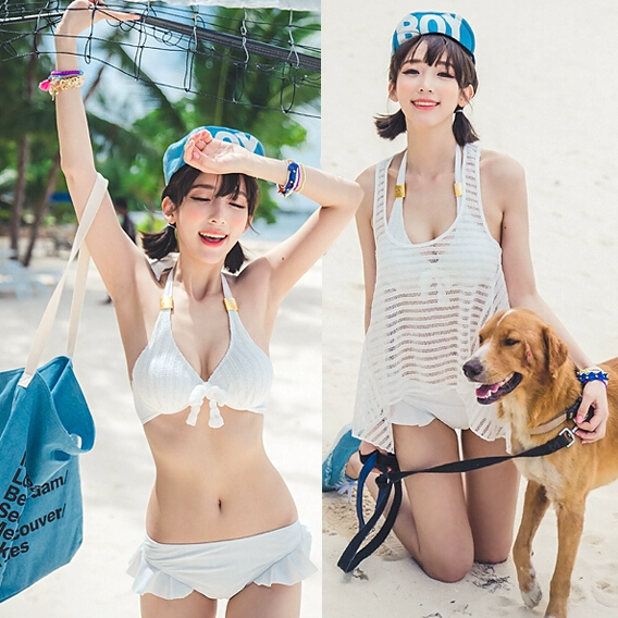 Bộ bikini ba mảnh bikini kiểu váy liền thân gợi cảm cỡ lớn quần lót bằng thép nhỏ ngực nhỏ tươi tập hợp áo tắm nữ - Bộ đồ bơi hai mảnh