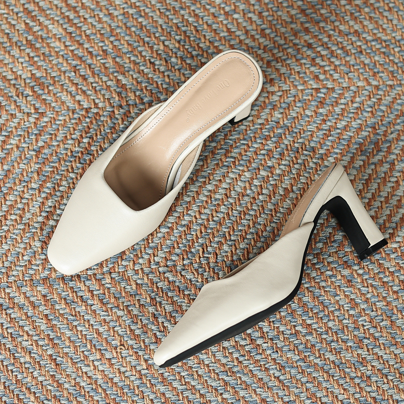 Genuine Leather Closed-Toe Mules for Women, Summer 2026, Gentle Style, Elegant Sandals, French Style, High Heels for Young Girls