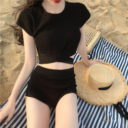 ຊຸດລອຍນ້ໍາຂອງແມ່ຍິງໃນລະດູຮ້ອນແບບອະນຸລັກນັກມວຍ knitted ສີດໍາ slimming cover belly slimming ເຕົ້ານົມຂະຫນາດນ້ອຍ sexy ຮ້ອນພາກຮຽນ spring swimwear