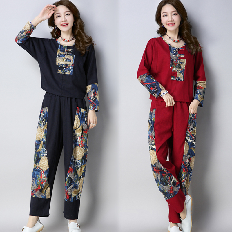 2018春装新款复古民族风棉麻长袖盘扣T恤套装宽松大码哈伦裤长裤