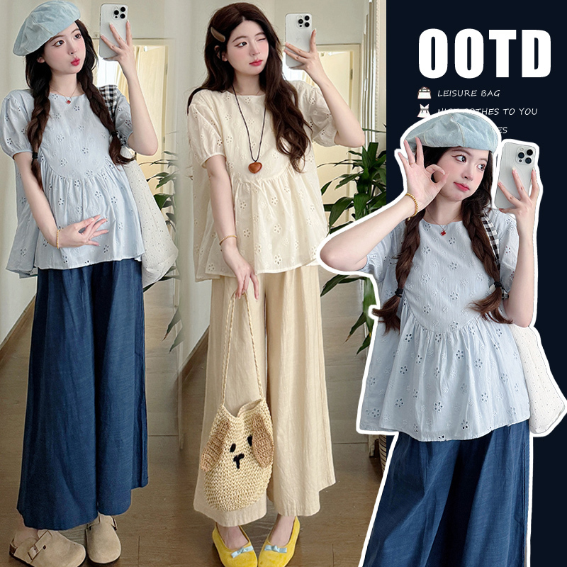 Maternity Wear Summer Set 2026 New Short-Sleeved Top Wide-Leg Pants Prenatal Check-Up Pregnant Mom Outfit Fashionable and Stylish