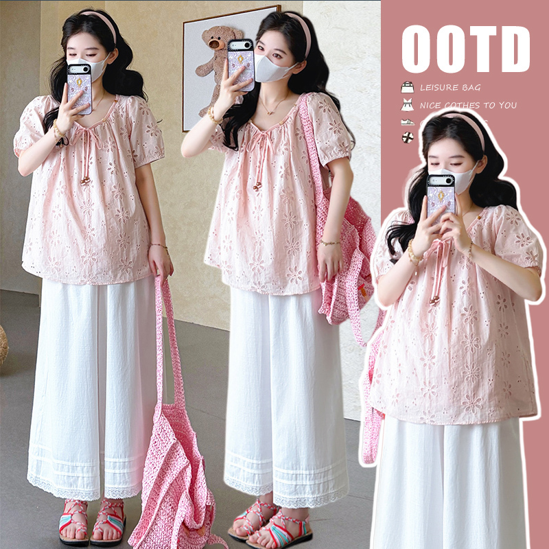 Maternity Summer Outfit Set with Hollow-Out Short-Sleeve Top and Wide-Leg Pants, 2026 New Style for Discreet Pregnancy Wear Maternity Summer Outfit Set with Hollow-Out Short-Sleeve Top and Wide-Leg Pants, 2026 New Style for Discreet Pregnancy Wear
