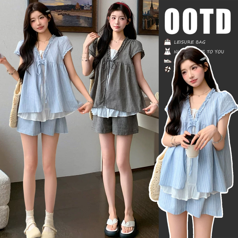 Maternity Summer Outfit 2026 New Style Plaid Short-Sleeve Top with Faux Two-Piece Shorts, Stylish during Pregnancy Without Revealing the Pregnancy