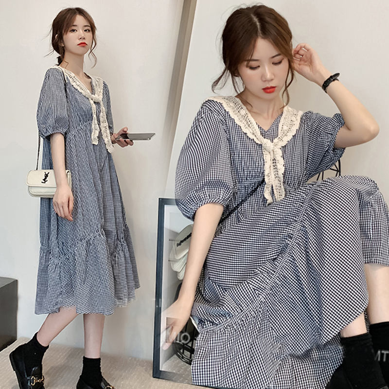 Pregnant women summer dress fashion suit stylish 2023 new summer plaid dress large - yard long skirt