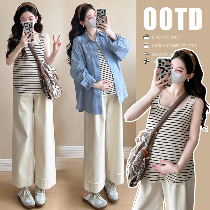 Maternity Wear Summer Set 2026 New Striped Tank Top Wide-Leg Pants Fashionable and Stylish High-End Outfit for Pregnant Moms