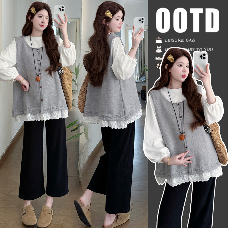 Maternity Wear Spring Outfit 2026 New Style Long-Sleeved Top and Vest Layered Two-Piece Set for Pregnant Moms, High-End Spring Outfit Set