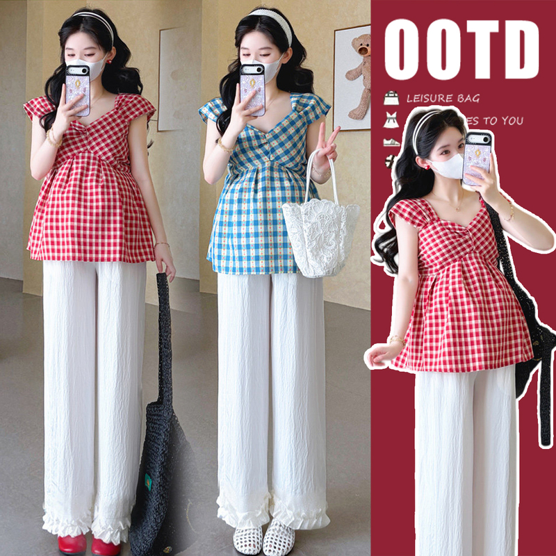 Maternity Summer Outfit 2026 New Design Plaid Top and Wide-Leg Pants Two-Piece Set Stylish High-End Outfit