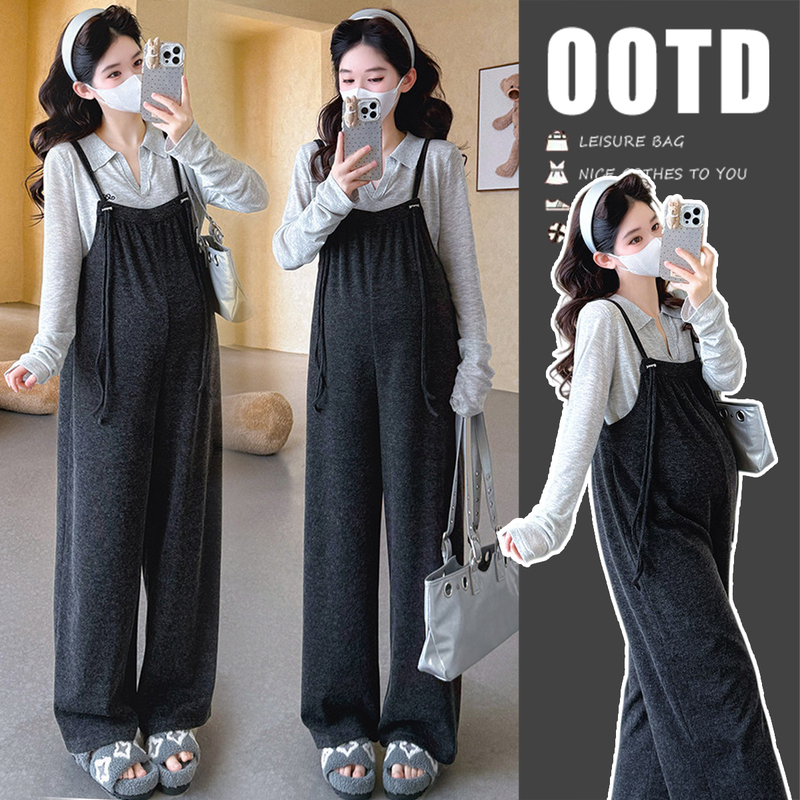 Maternity Spring Outfit Set 2026 New Spring and Autumn Overalls Casual Lazy Style Two-Piece Set for Pregnant Women High-End Wear