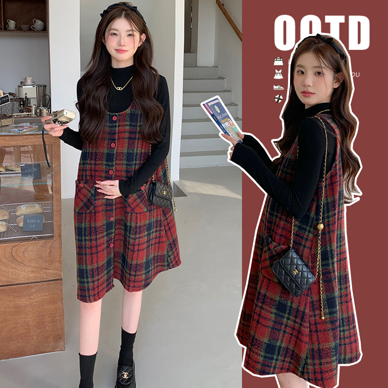 Pregnant woman autumn winter clothing dress with dress 2023 new fur What to do with dress checkered dress Winter Christmas Suit Skirt-Taobao