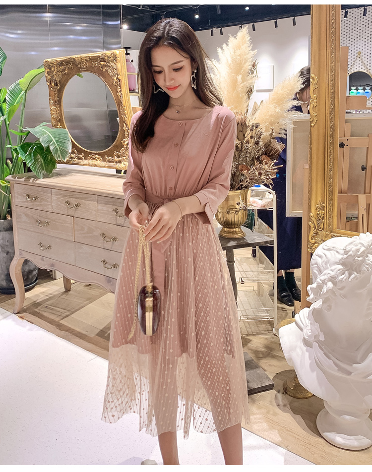 VK旗艦店 韓系網紗圓領修身仙女裙百搭輕熟長袖洋裝