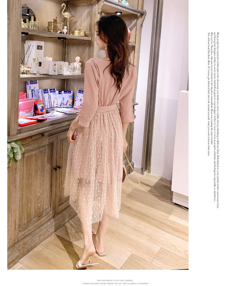 VK旗艦店 韓系網紗圓領修身仙女裙百搭輕熟長袖洋裝