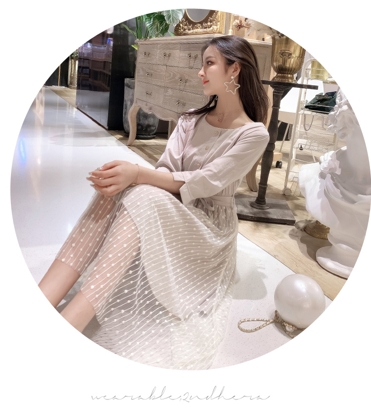 VK旗艦店 韓系網紗圓領修身仙女裙百搭輕熟長袖洋裝