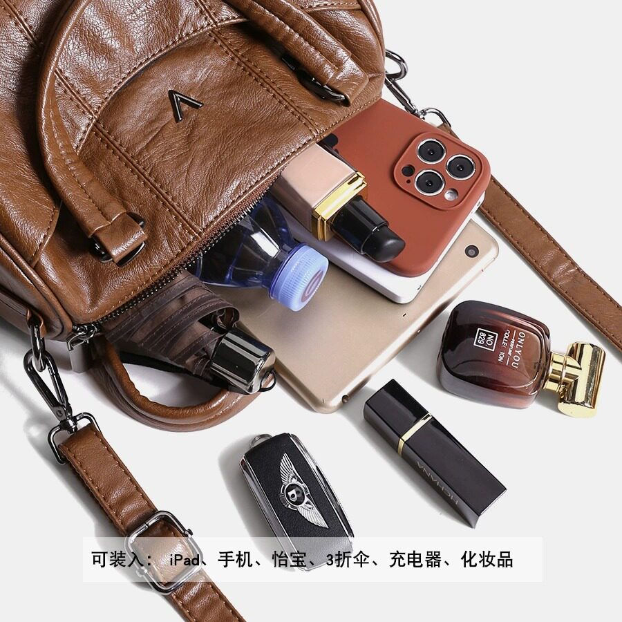 DUDK France Luxury Soft Leather Handbag Women's Boston Pillow Bag Vintage Casual Large Capacity Shoulder Crossbody Bag - Thumbnail 4