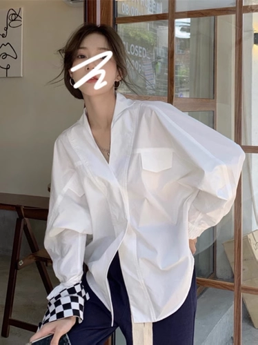 Белая дизайнерская рубашка для отдыха, V-образный вырез, свободный крой, осенняя, стиль