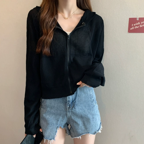 Лонгслив, кардиган, тонкая куртка, трикотажное шелковое короткое трикотажное платье с капюшоном, защита от солнца, в корейском стиле