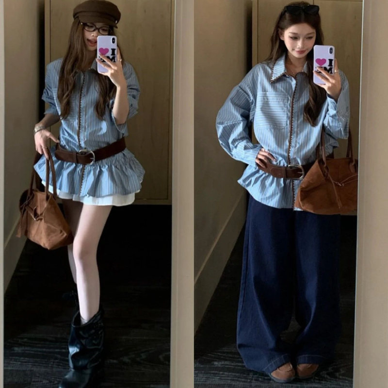 Blue Striped High-End Lapel Long-Sleeve Shirt Dress for Women, Spring and Autumn, Petite, Bf Lazy Style Layered Shirt Jacket