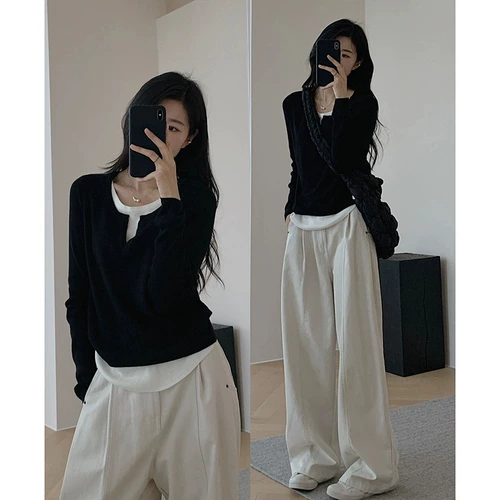 Черный комплект, осенний приталенный трикотажный приятный телу лонгслив