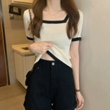 Летняя шелковая сексуальная тонкая трикотажная короткая футболка, короткий рукав, квадратный вырез